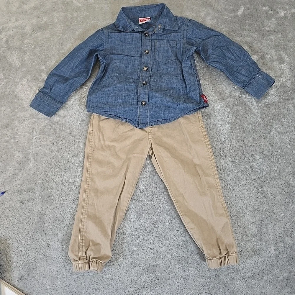 Wrangler Shirt And Jogger Boys 2T Chambray Shirt Khaki Jogger Casual Outdoors